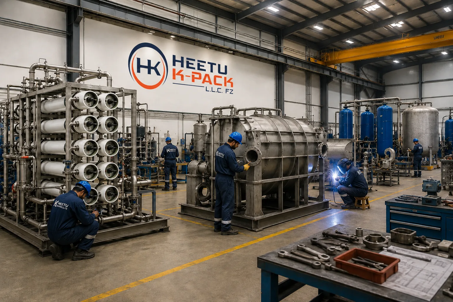 Heetu K-Pack engineering and fabrication workshop — technicians assembling RO/UF and separator equipment